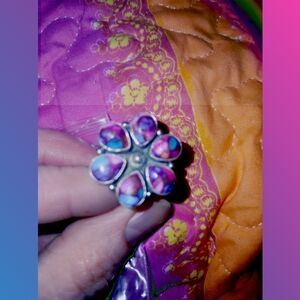 Cotton Candy Turquoise Rainbow Colored Flower Ring 925